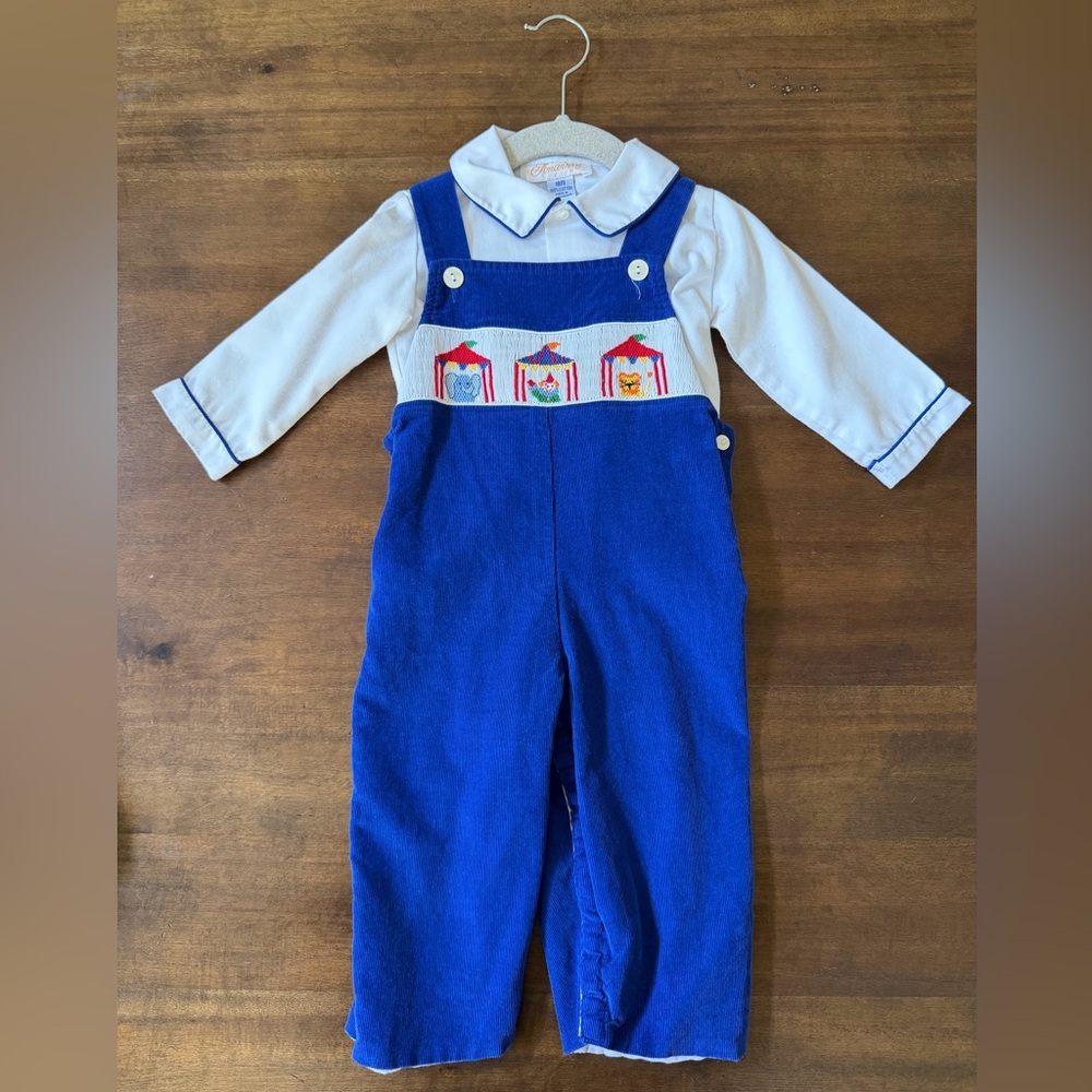 Blue Kids Smocked Circus Overalls with White Shirt